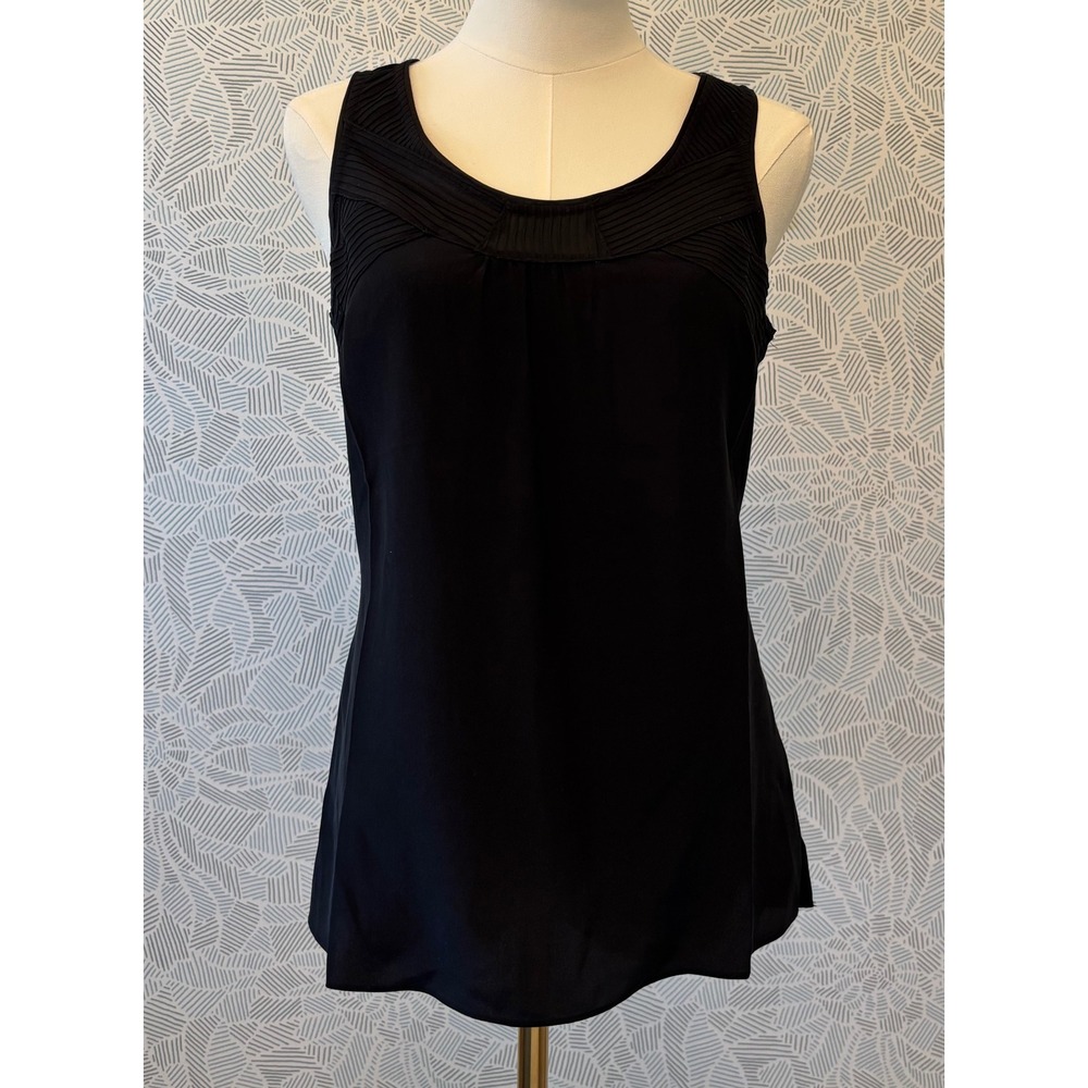 White House Black Market Black Silk Sleeveless Blouse Pleated Mesh Trim Size 2